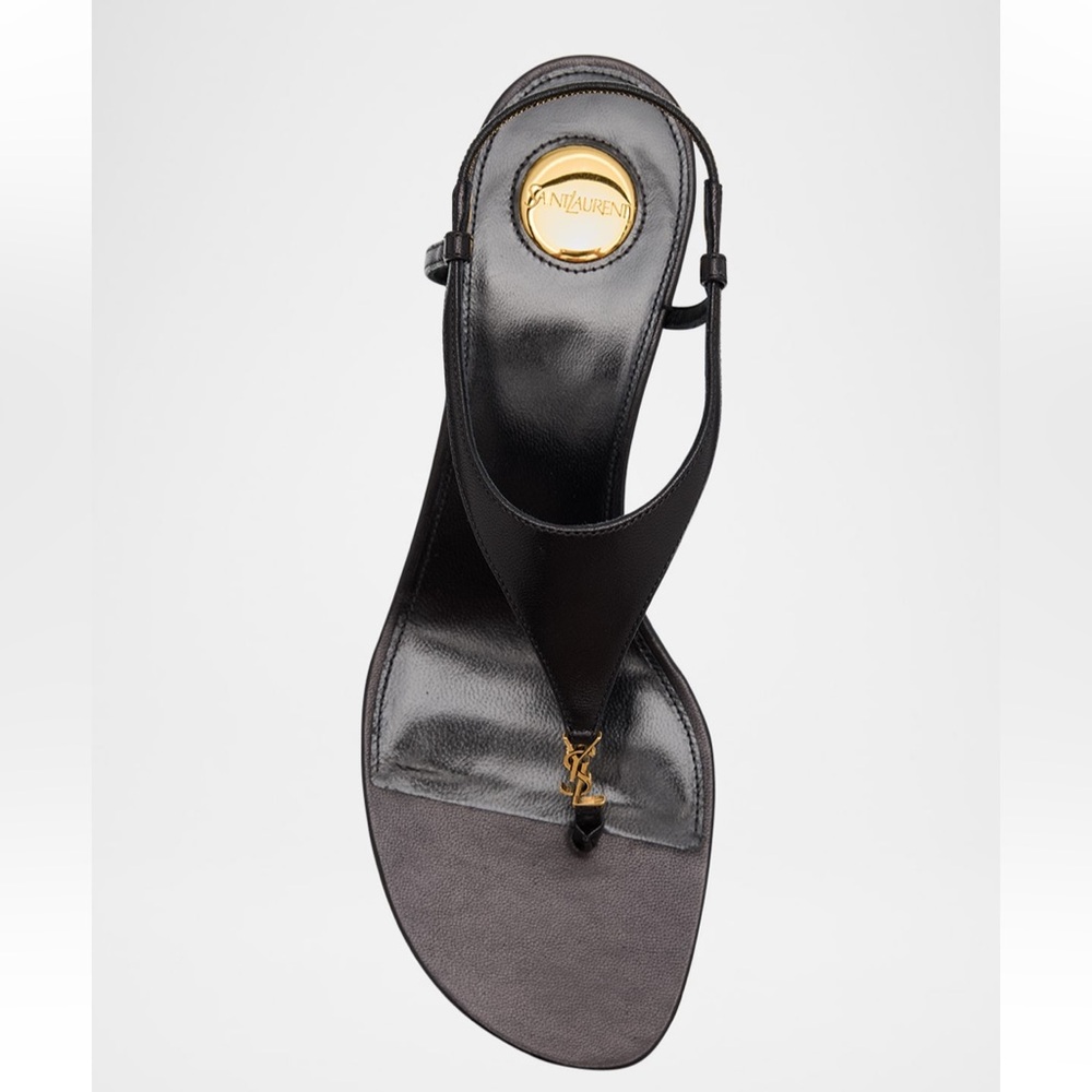 Saint Laurent Black Leather Thong Wedge Sandals with Gold Hardware - Picture 3 of 8